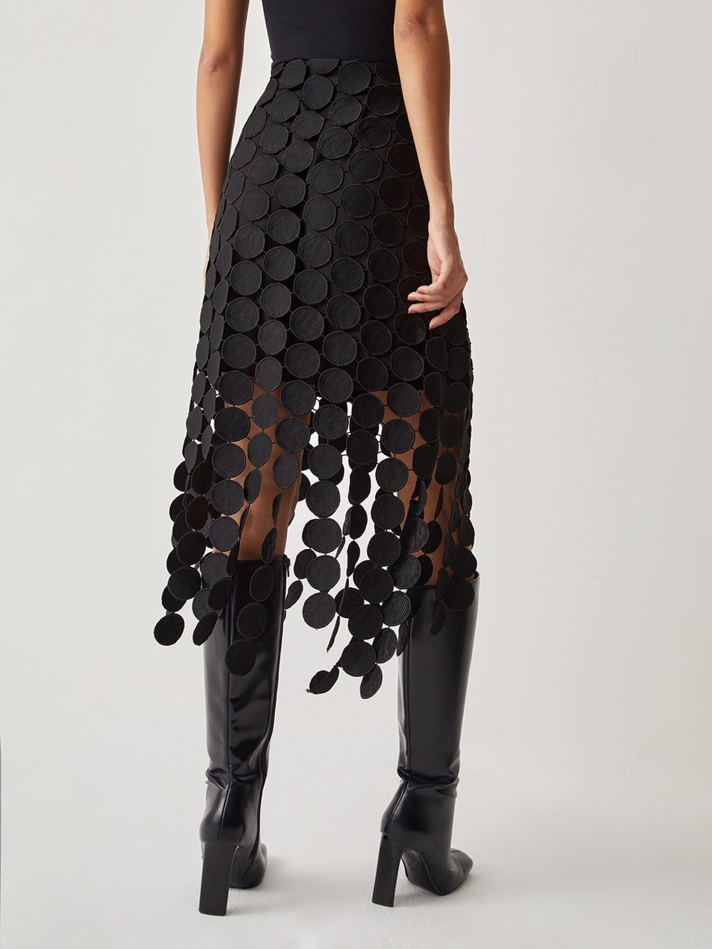 Commense Laser Cut Circle Embellished Double Layer Midi Skirt Party Festival - Picture 3 of 8